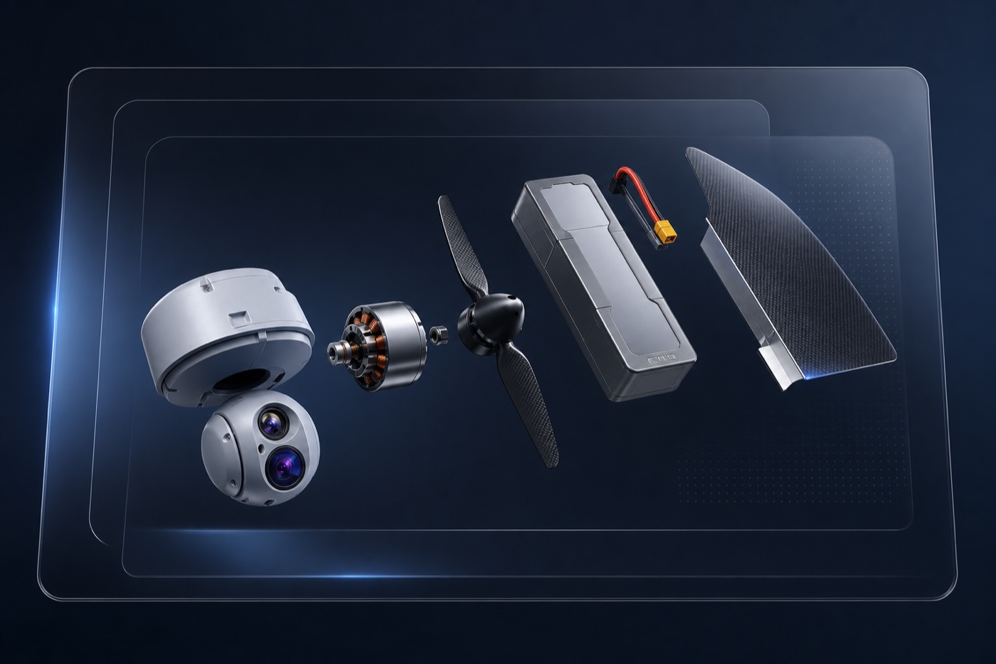Premium exploded UAV component render with EO gimbal motor battery and composite panel