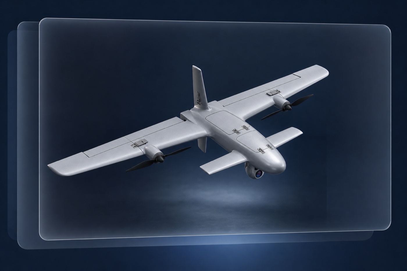 Premium silver-gray BL60-160 style VTOL UAV render on a dark glass card