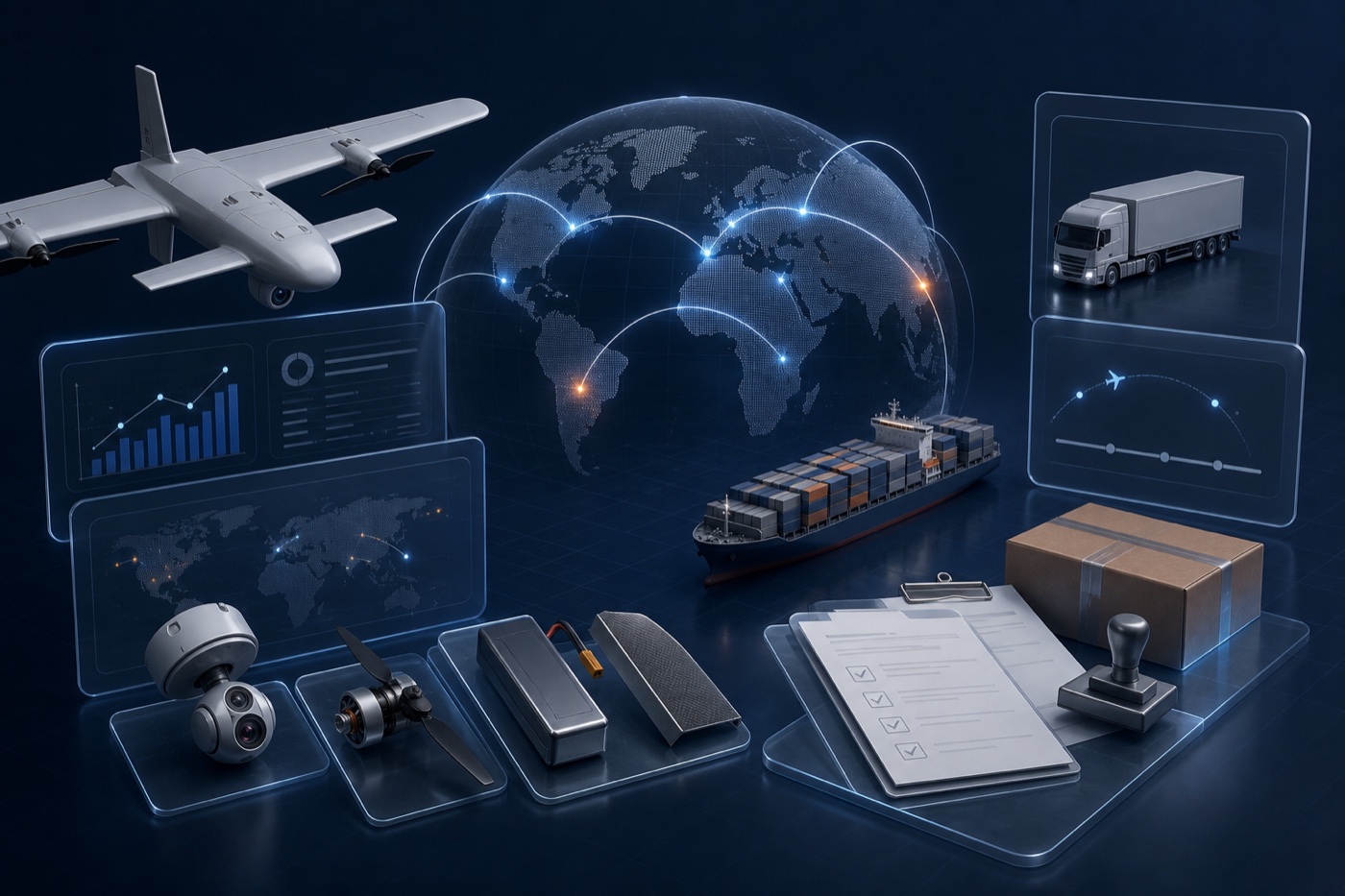 Premium global UAV component trade and logistics render with route arcs and procurement panels